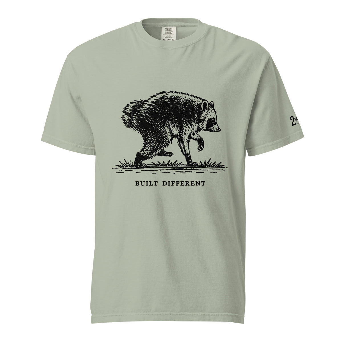 Vintage black-and-white illustration of a raccoon walking above the words "Built Different."