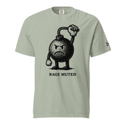Vintage black-and-white illustration of an angry cartoon bomb pinching its own burning fuse with the words "Rage Muted" underneath.
