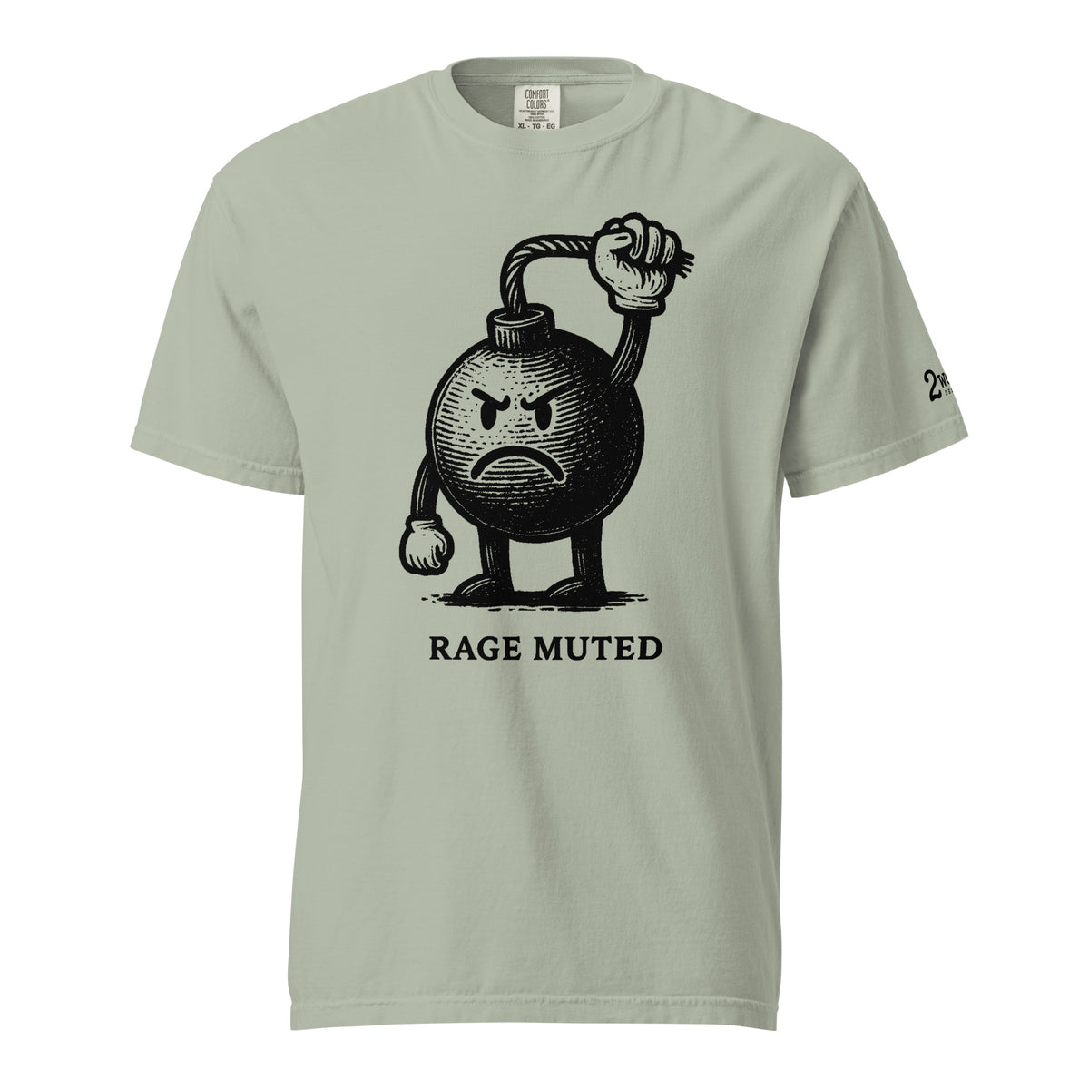 Vintage black-and-white illustration of an angry cartoon bomb pinching its own burning fuse with the words "Rage Muted" underneath.