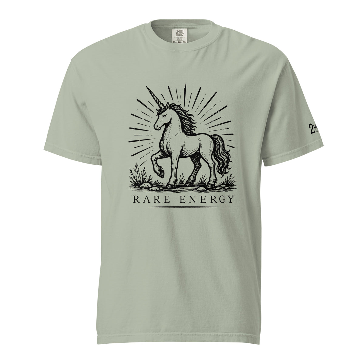 Vintage black-and-white linocut illustration of a majestic unicorn standing beneath radiant sunburst lines with the words "Rare Energy" below in classic serif typography.