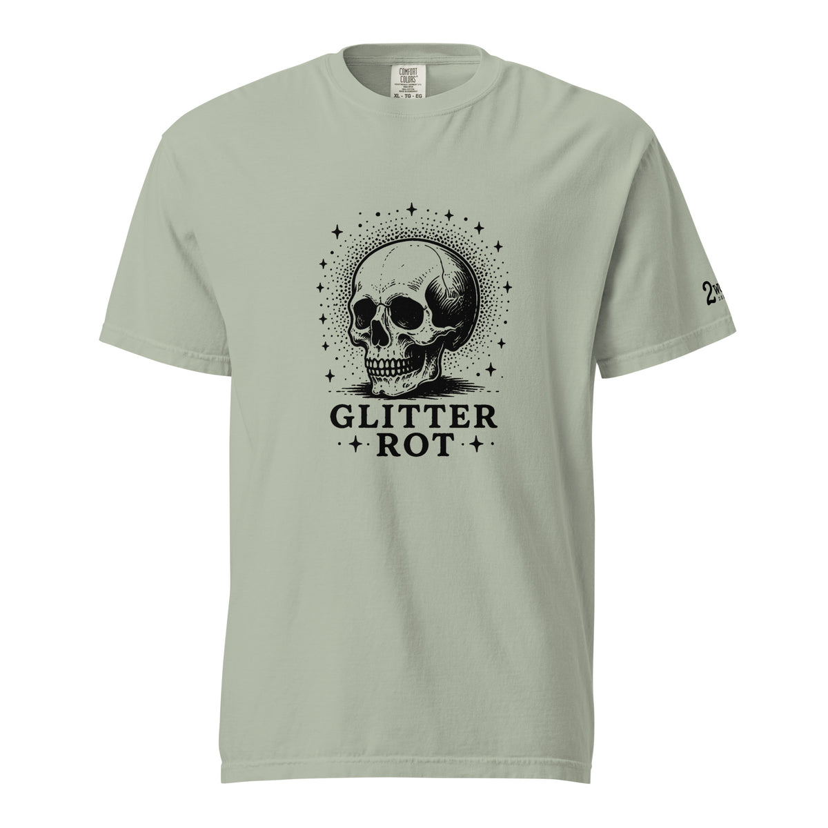 Black ink vintage-style illustration of a weathered human skull surrounded by a celestial halo of stars above the words "Glitter Rot" in bold serif lettering on a t-shirt.