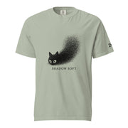 Shadow Soft black cat illustration with wide eyes disappearing into a large stippled black shadow, with vintage typography on a t-shirt.