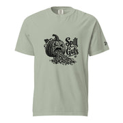 Spill Guts black ink illustration of an expressive carved jack-o'-lantern spilling stringy pumpkin pulp and seeds from its mouth beside decorative hand-lettered text on a unisex t-shirt.