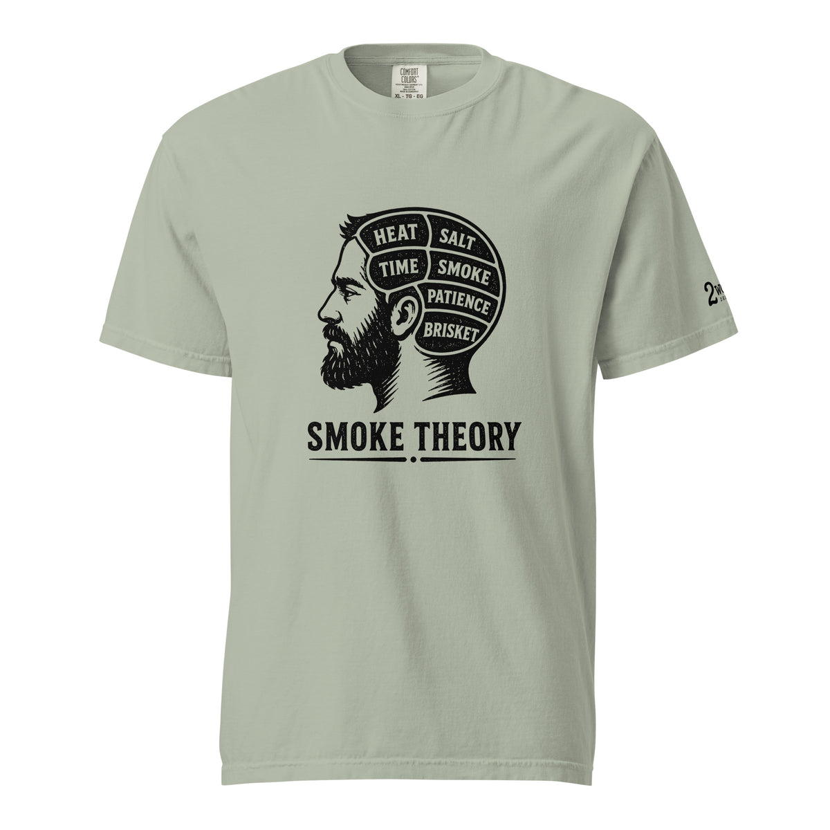 Smoke Theory t-shirt featuring a black ink illustration of a bearded man's profile with a phrenology-style head labeled Heat, Salt, Time, Smoke, Patience, and Brisket.