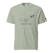 Thought Knot graphic t-shirt featuring a black-ink paper airplane and looping dotted flight path illustrating overthinking.