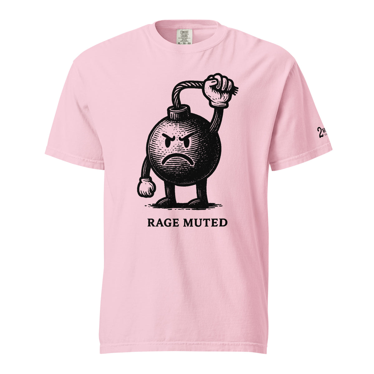 Vintage black-and-white illustration of an angry cartoon bomb pinching its own burning fuse with the words "Rage Muted" underneath.
