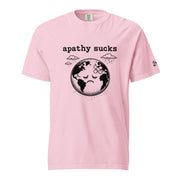 Black ink illustration of Earth with a bandage on its forehead beneath two raining clouds and the words “Apathy Sucks,” shown on a t-shirt.