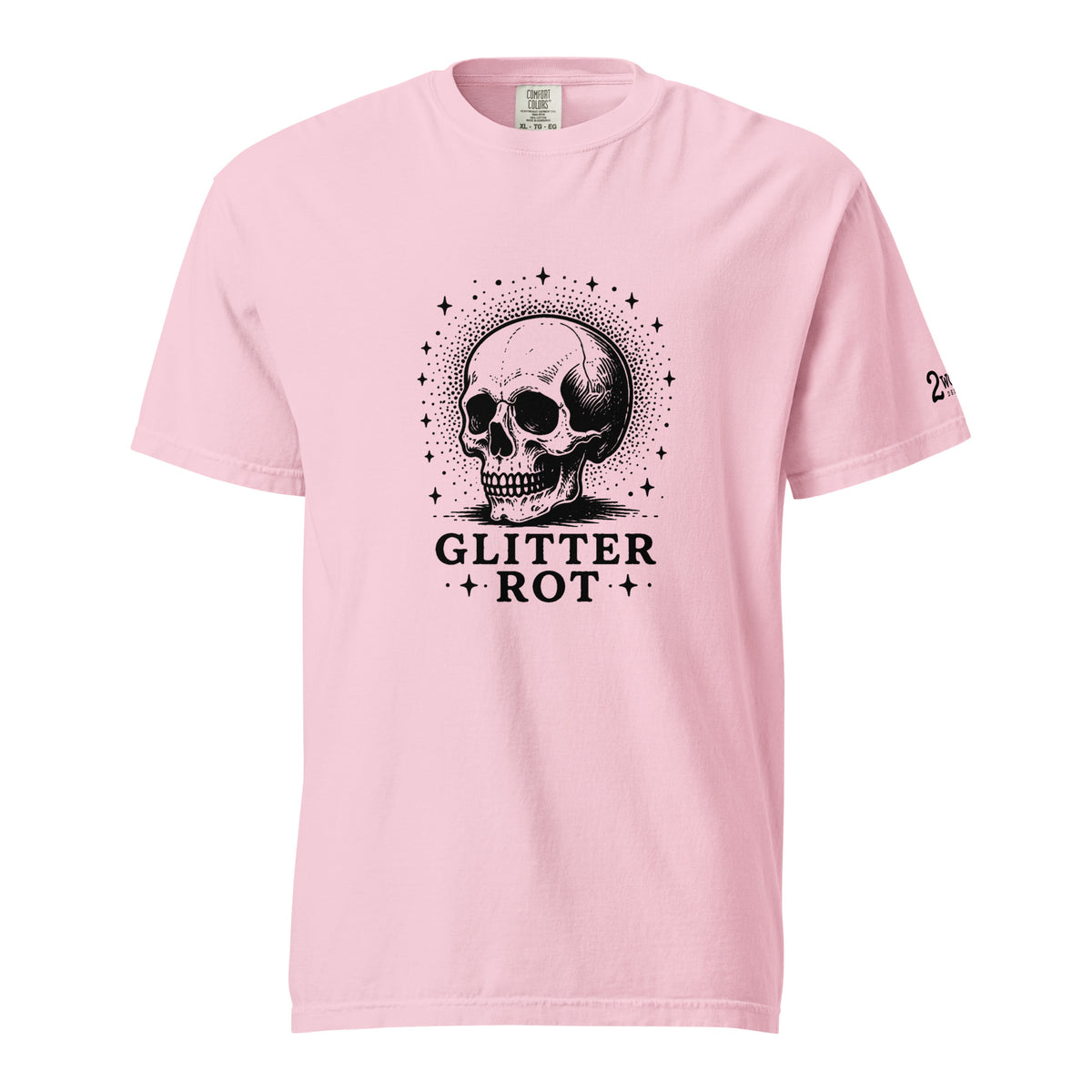 Black ink vintage-style illustration of a weathered human skull surrounded by a celestial halo of stars above the words "Glitter Rot" in bold serif lettering on a t-shirt.