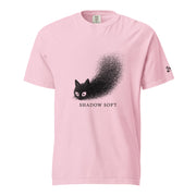 Shadow Soft black cat illustration with wide eyes disappearing into a large stippled black shadow, with vintage typography on a t-shirt.