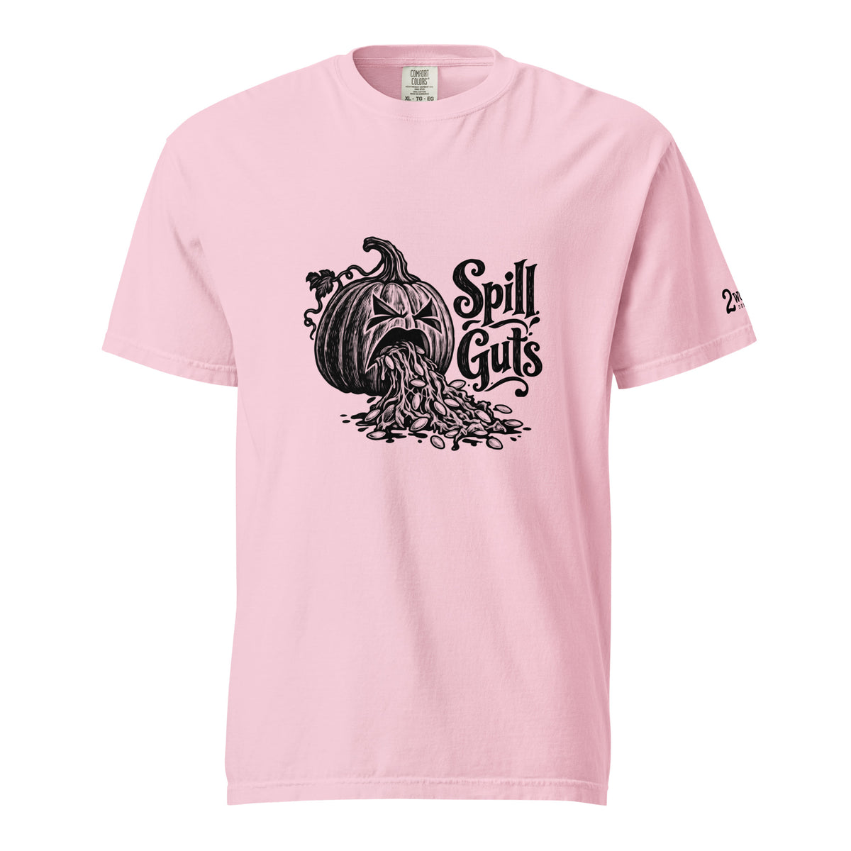 Spill Guts black ink illustration of an expressive carved jack-o'-lantern spilling stringy pumpkin pulp and seeds from its mouth beside decorative hand-lettered text on a unisex t-shirt.
