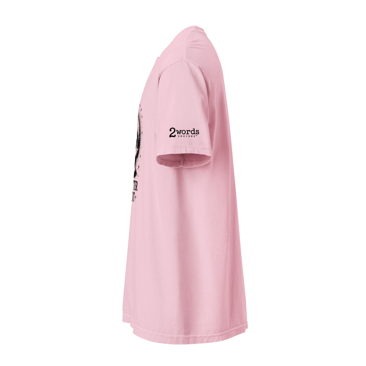 2 Words Designs logo on shirt sleeve.