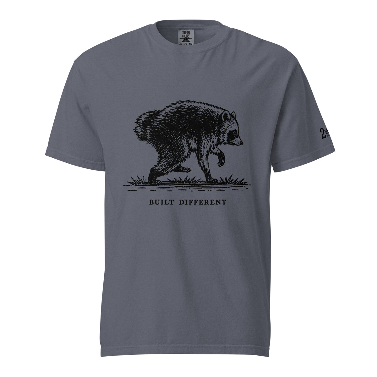 Vintage black-and-white illustration of a raccoon walking above the words "Built Different."