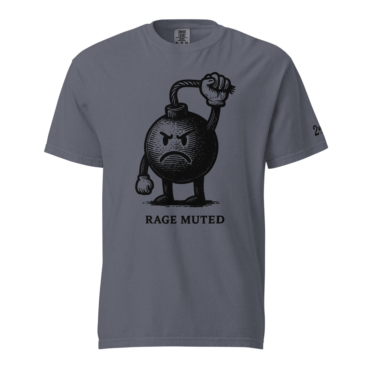 Vintage black-and-white illustration of an angry cartoon bomb pinching its own burning fuse with the words "Rage Muted" underneath.