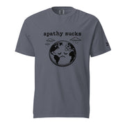Black ink illustration of Earth with a bandage on its forehead beneath two raining clouds and the words “Apathy Sucks,” shown on a t-shirt.