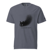 Shadow Soft black cat illustration with wide eyes disappearing into a large stippled black shadow, with vintage typography on a t-shirt.