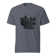 Spill Guts black ink illustration of an expressive carved jack-o'-lantern spilling stringy pumpkin pulp and seeds from its mouth beside decorative hand-lettered text on a unisex t-shirt.