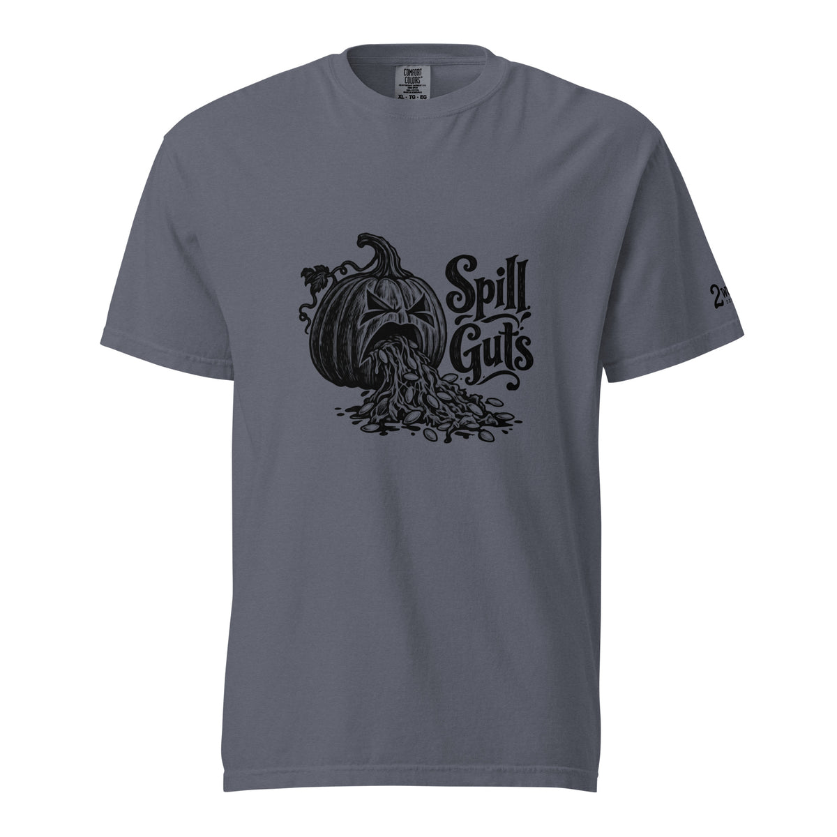Spill Guts black ink illustration of an expressive carved jack-o'-lantern spilling stringy pumpkin pulp and seeds from its mouth beside decorative hand-lettered text on a unisex t-shirt.