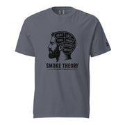 Smoke Theory t-shirt featuring a black ink illustration of a bearded man's profile with a phrenology-style head labeled Heat, Salt, Time, Smoke, Patience, and Brisket.