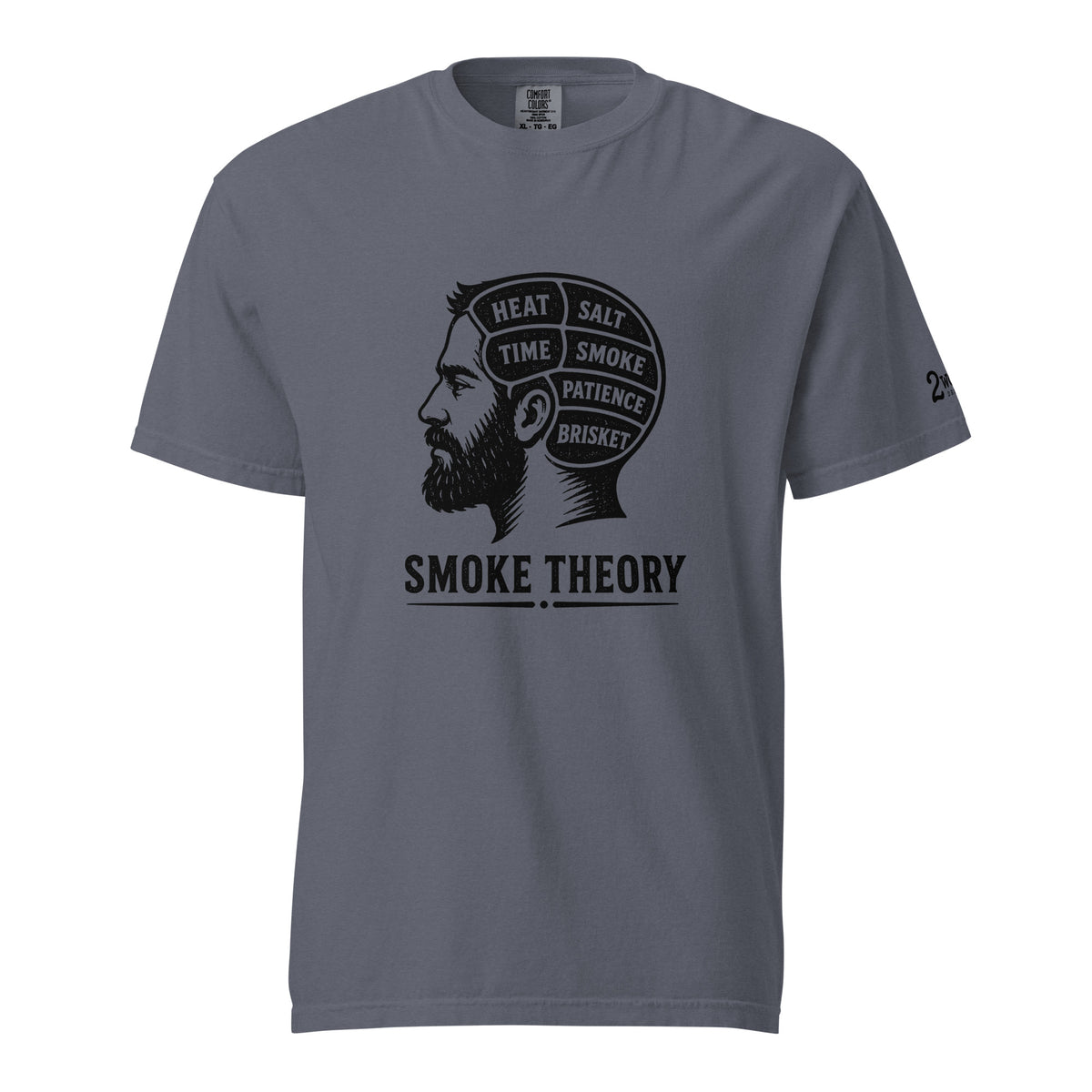 Smoke Theory t-shirt featuring a black ink illustration of a bearded man's profile with a phrenology-style head labeled Heat, Salt, Time, Smoke, Patience, and Brisket.