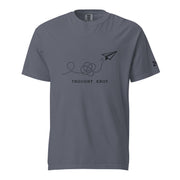 Thought Knot graphic t-shirt featuring a black-ink paper airplane and looping dotted flight path illustrating overthinking.