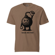 Vintage black-and-white illustration of an angry cartoon bomb pinching its own burning fuse with the words "Rage Muted" underneath.