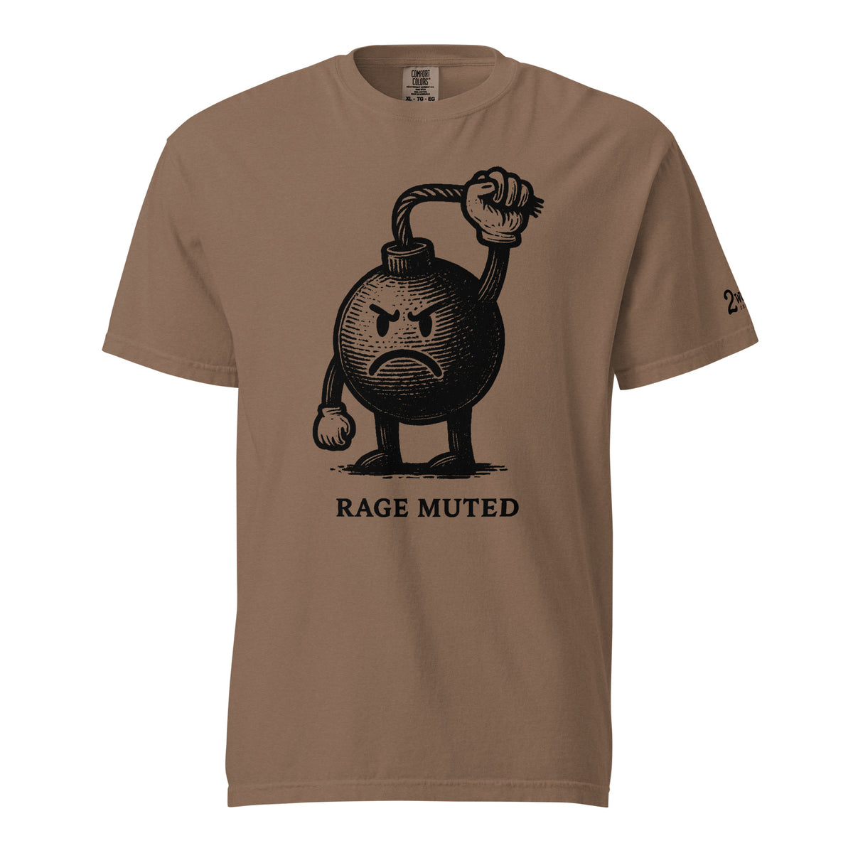 Vintage black-and-white illustration of an angry cartoon bomb pinching its own burning fuse with the words "Rage Muted" underneath.