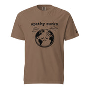 Black ink illustration of Earth with a bandage on its forehead beneath two raining clouds and the words “Apathy Sucks,” shown on a t-shirt.