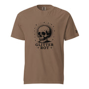 Black ink vintage-style illustration of a weathered human skull surrounded by a celestial halo of stars above the words "Glitter Rot" in bold serif lettering on a t-shirt.