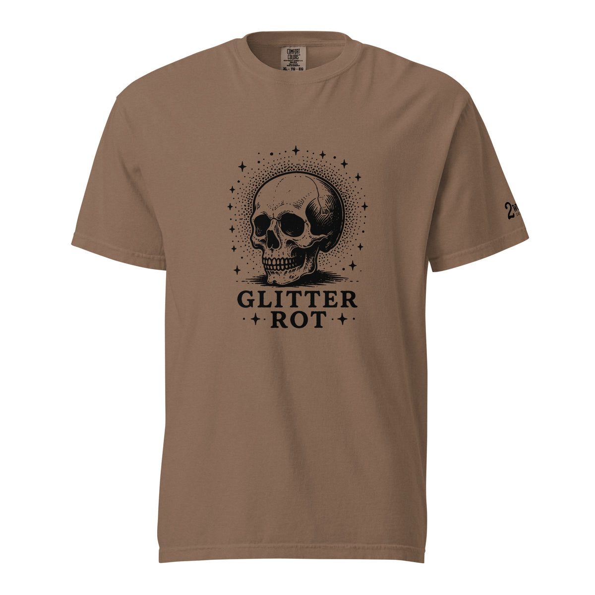 Black ink vintage-style illustration of a weathered human skull surrounded by a celestial halo of stars above the words "Glitter Rot" in bold serif lettering on a t-shirt.