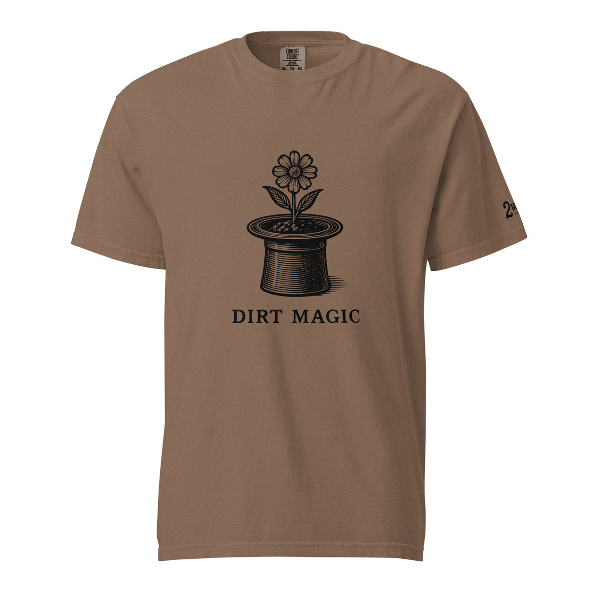 Black vintage-style illustration of a blooming flower growing from a magician's top hat with the words "Dirt Magic" beneath it, rendered in bold botanical line art inspired by classic storybook illustrations on a t-shirt.