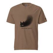 Shadow Soft black cat illustration with wide eyes disappearing into a large stippled black shadow, with vintage typography on a t-shirt.