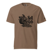 Spill Guts black ink illustration of an expressive carved jack-o'-lantern spilling stringy pumpkin pulp and seeds from its mouth beside decorative hand-lettered text on a unisex t-shirt.