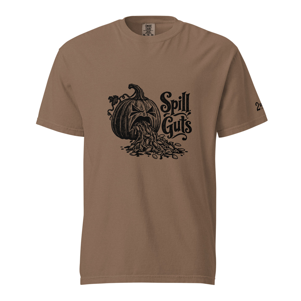 Spill Guts black ink illustration of an expressive carved jack-o'-lantern spilling stringy pumpkin pulp and seeds from its mouth beside decorative hand-lettered text on a unisex t-shirt.