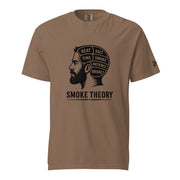 Smoke Theory t-shirt featuring a black ink illustration of a bearded man's profile with a phrenology-style head labeled Heat, Salt, Time, Smoke, Patience, and Brisket.