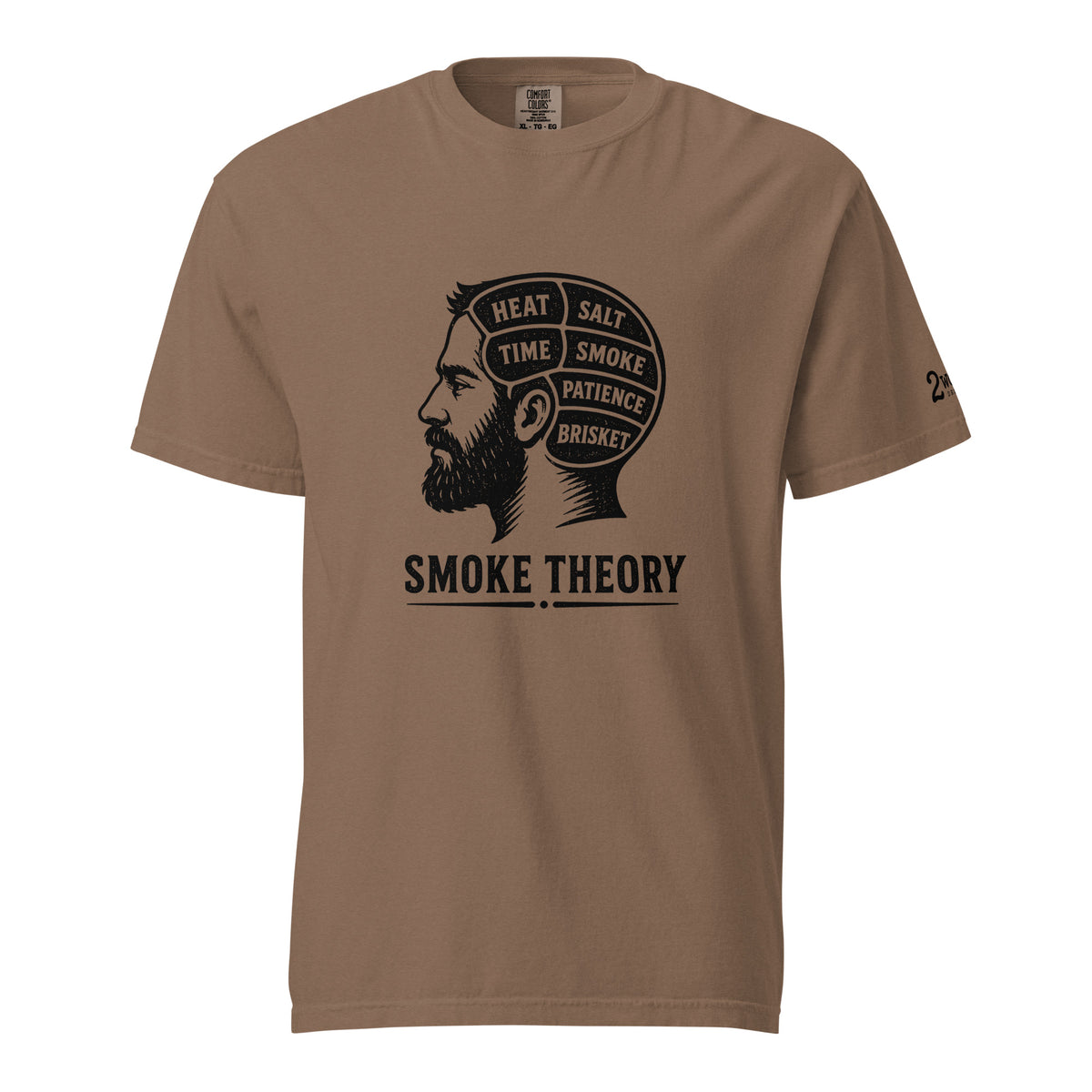 Smoke Theory t-shirt featuring a black ink illustration of a bearded man's profile with a phrenology-style head labeled Heat, Salt, Time, Smoke, Patience, and Brisket.