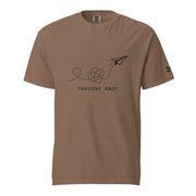Thought Knot graphic t-shirt featuring a black-ink paper airplane and looping dotted flight path illustrating overthinking.