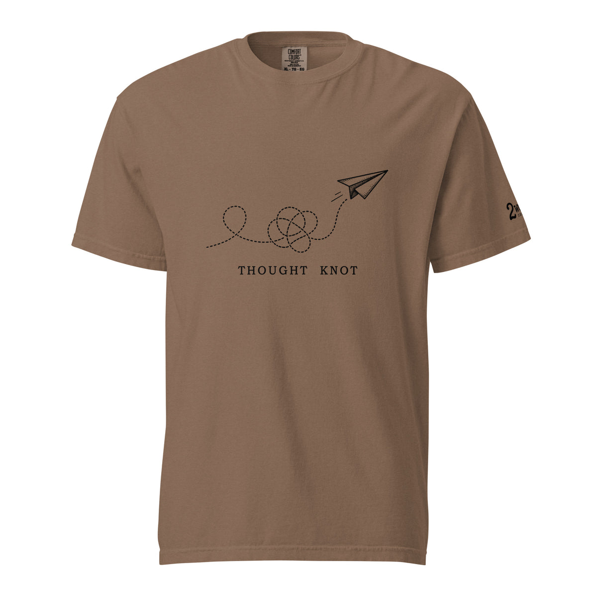 Thought Knot graphic t-shirt featuring a black-ink paper airplane and looping dotted flight path illustrating overthinking.