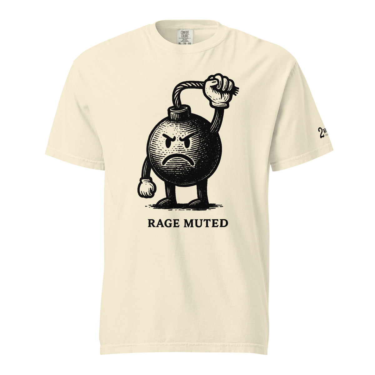 Vintage black-and-white illustration of an angry cartoon bomb pinching its own burning fuse with the words "Rage Muted" underneath.