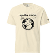 Black ink illustration of Earth with a bandage on its forehead beneath two raining clouds and the words “Apathy Sucks,” shown on a t-shirt.