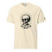 Black ink vintage-style illustration of a weathered human skull surrounded by a celestial halo of stars above the words "Glitter Rot" in bold serif lettering on a t-shirt.