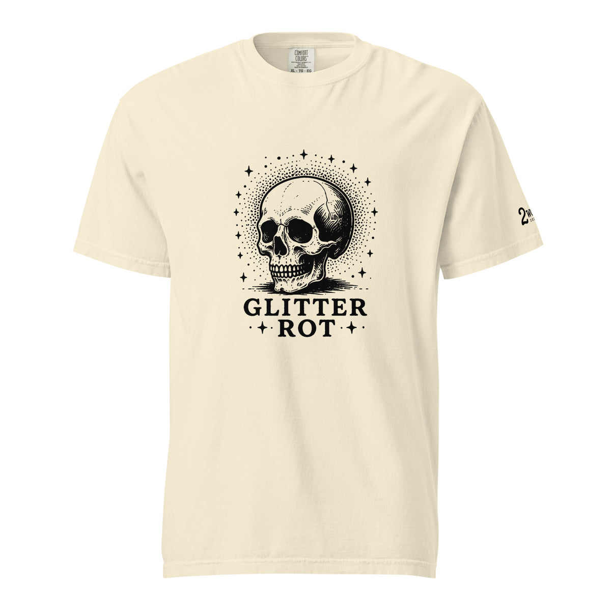 Black ink vintage-style illustration of a weathered human skull surrounded by a celestial halo of stars above the words "Glitter Rot" in bold serif lettering on a t-shirt.