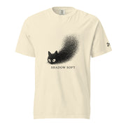 Shadow Soft black cat illustration with wide eyes disappearing into a large stippled black shadow, with vintage typography on a t-shirt.