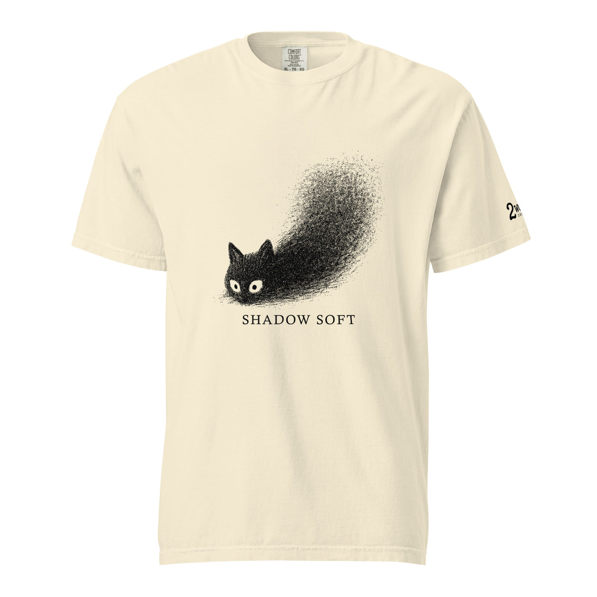 Shadow Soft black cat illustration with wide eyes disappearing into a large stippled black shadow, with vintage typography on a t-shirt.