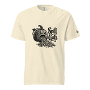 Spill Guts black ink illustration of an expressive carved jack-o'-lantern spilling stringy pumpkin pulp and seeds from its mouth beside decorative hand-lettered text on a unisex t-shirt.