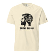 Smoke Theory t-shirt featuring a black ink illustration of a bearded man's profile with a phrenology-style head labeled Heat, Salt, Time, Smoke, Patience, and Brisket.