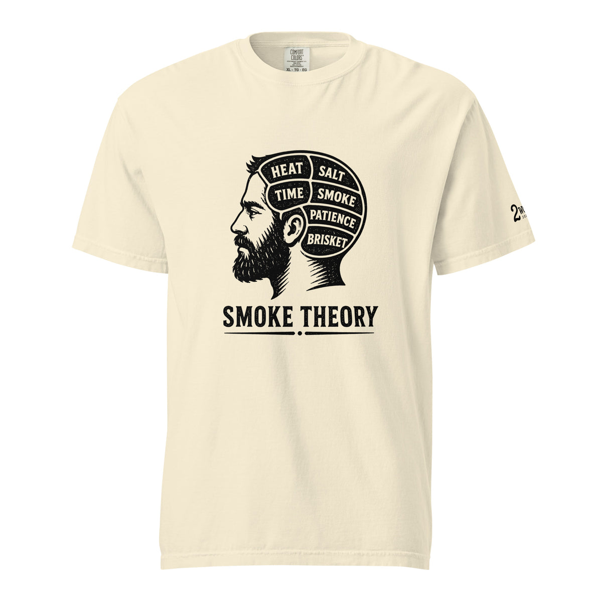 Smoke Theory t-shirt featuring a black ink illustration of a bearded man's profile with a phrenology-style head labeled Heat, Salt, Time, Smoke, Patience, and Brisket.
