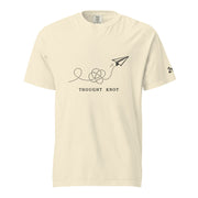 Thought Knot graphic t-shirt featuring a black-ink paper airplane and looping dotted flight path illustrating overthinking.