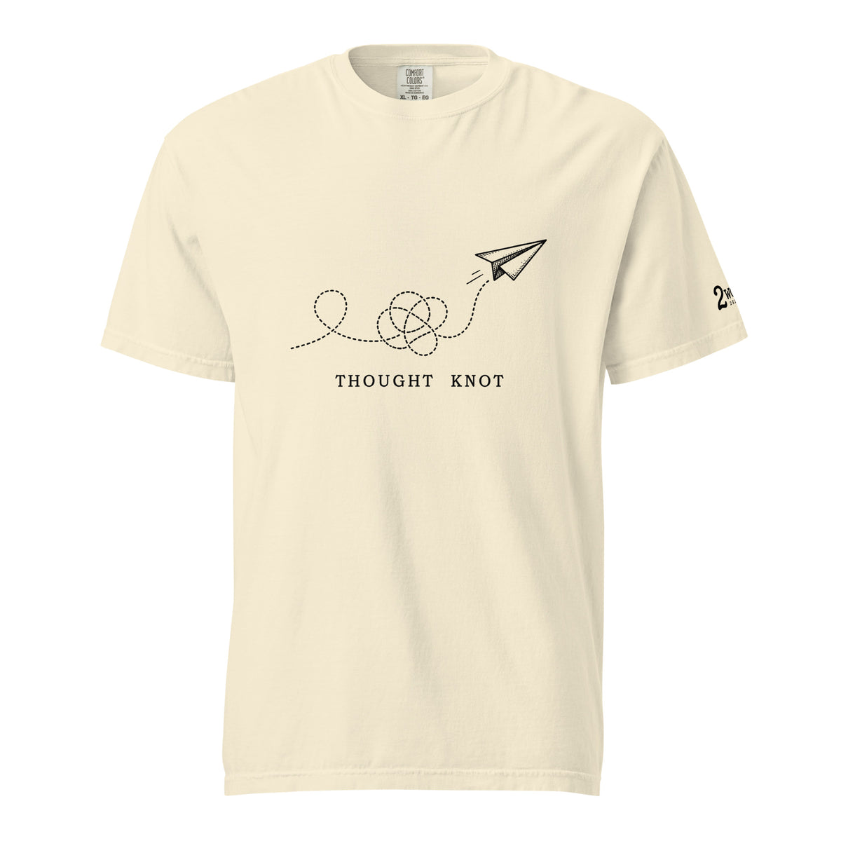 Thought Knot graphic t-shirt featuring a black-ink paper airplane and looping dotted flight path illustrating overthinking.