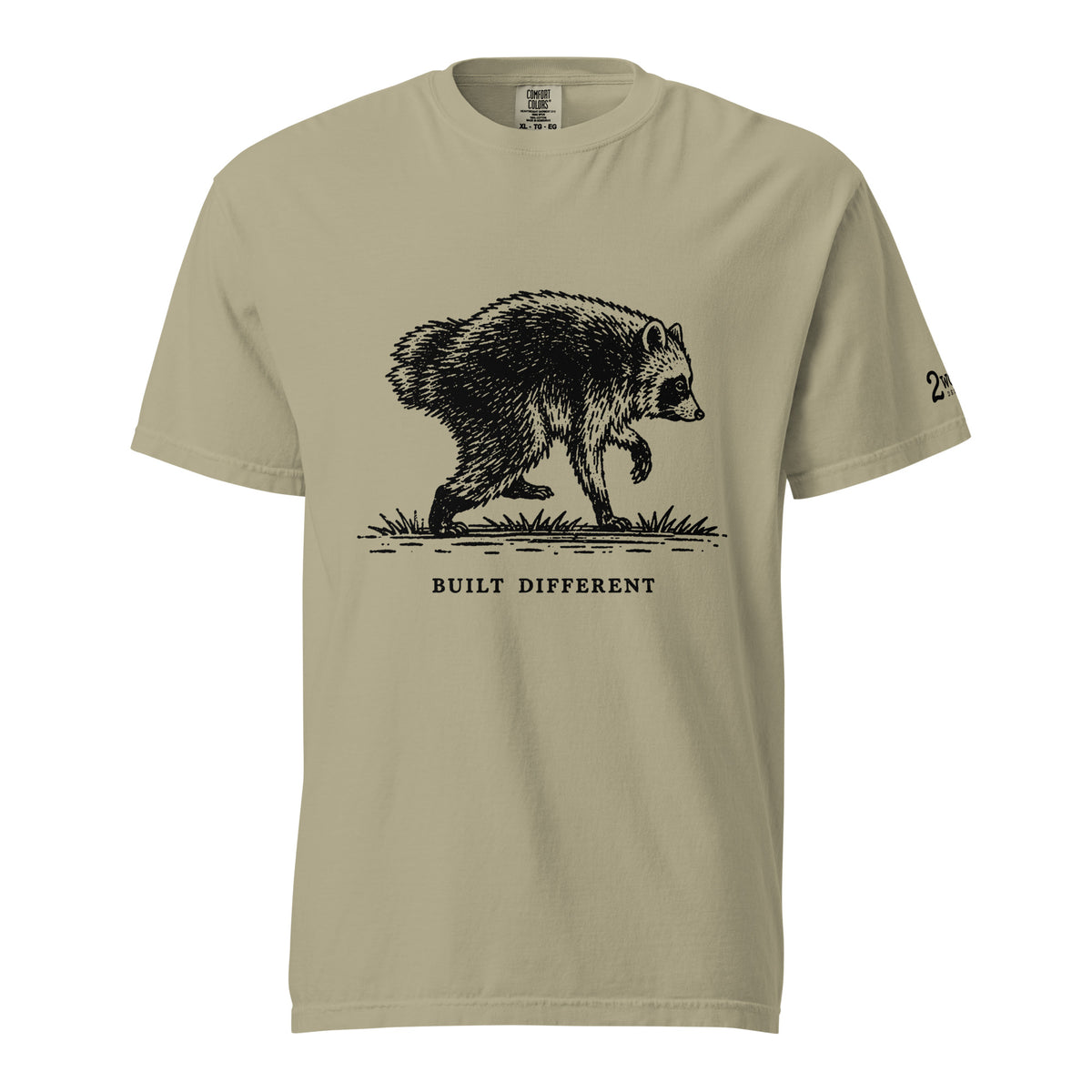 Vintage black-and-white illustration of a raccoon walking above the words "Built Different."