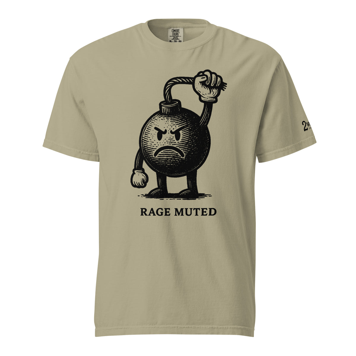 Vintage black-and-white illustration of an angry cartoon bomb pinching its own burning fuse with the words "Rage Muted" underneath.